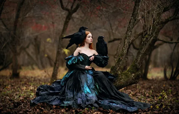 Лес, девушка, птицы, природа, поза, стиль, костюм, наряд