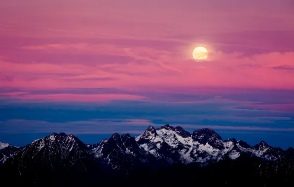 Картинка снег, пейзаж, закат, горы, луна, Альпы