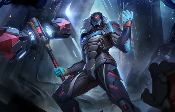 Фантастика, молот, арт, броня, киборг, Heroes of Newerth, Hammerstorm, F.L.E.X.