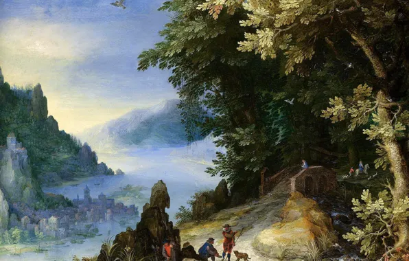Картинка картина, Ян Брейгель старший, Скалистый Речной Пейзаж с Путниками