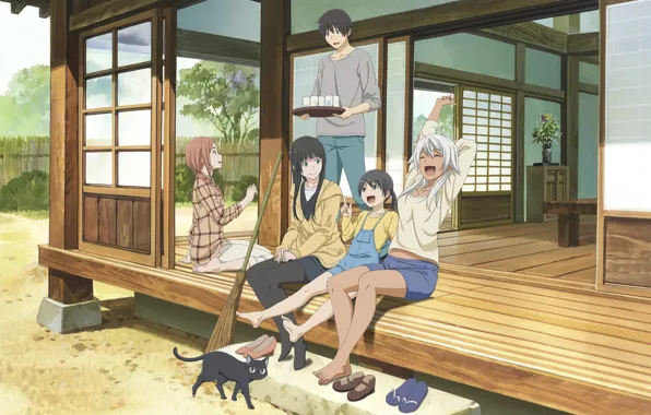 Кот, девушки, парень, метла, anime, art, Flying Witch, Полёт ведьмы