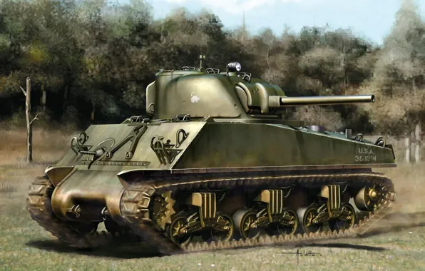Картинка поле, рисунок, арт, танк, американский, средний, WW2, Sherman
