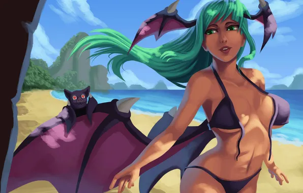Пляж, купальник, берег, Morrigan, succubus