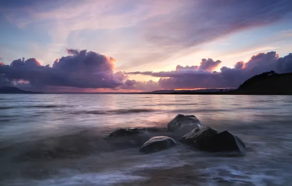 Картинка waves, beach, sunset, clouds, rocks, Ocean