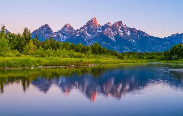 Небо, горы, отражение, река, США, Grand Teton National Park