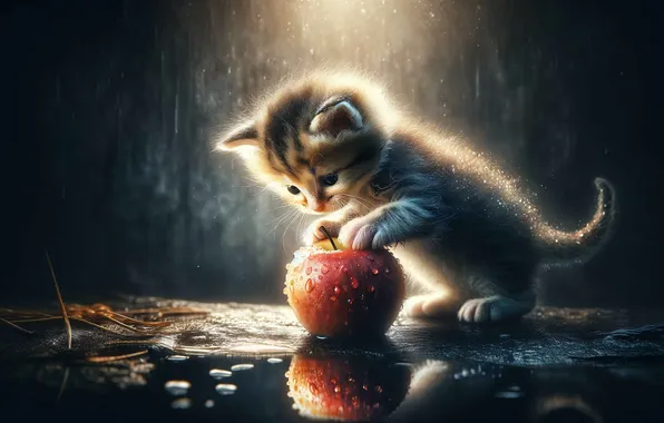 Кошка, взгляд, вода, капли, свет, темный фон, котенок, серый