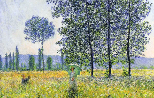 Картинка деревья, пейзаж, картина, луг, тополя, Клод Моне, Sunlight Effect under the Poplars