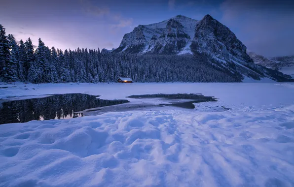 Зима, лес, снег, горы, отражение, Канада, сугробы, Альберта