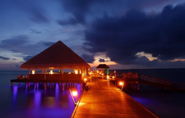 Lights, night, Maldives, pier, lamps, tropical, resort