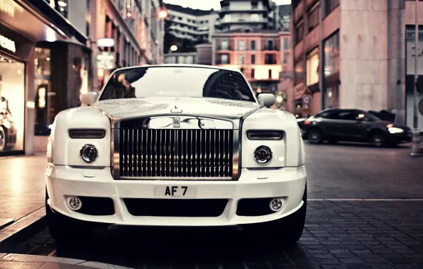 Картинка car, авто, белый, город, купе, Phantom, Rolls Royce, ролс ройс