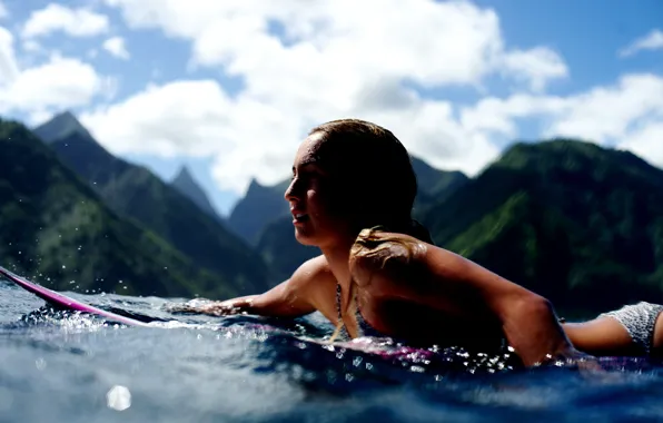 Девушка, океан, спорт, серфинг, surfing