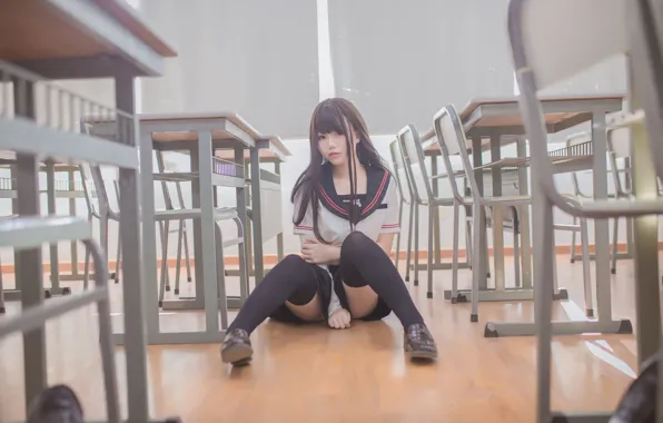 Beautiful, Asian, Model, Woman, Japanese, Uniform, Classroom