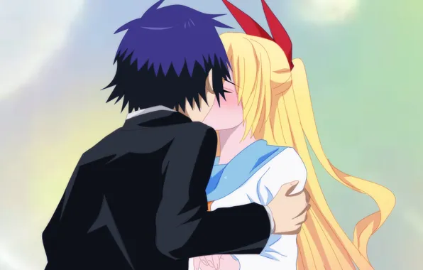 Девушка, романтика, поцелуй, аниме, арт, парень, двое, Nisekoi