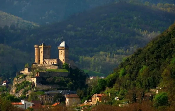 Горы, город, Франция, крепость, France, Ariège, Château de Foix