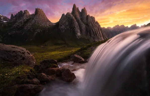 Закат, горы, камни, скалы, водопад