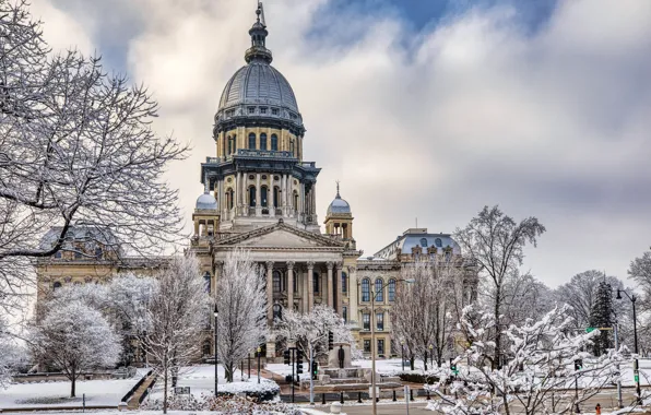 Фото, Дома, Зима, Город, Снег, США, Illinois, Capitol