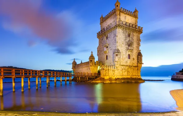 Море, пейзаж, Португалия, архитектура, Лиссабон, башня Белен