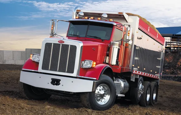 Небо, красный, грузовик, передок, Peterbilt, Dump Truck, 367