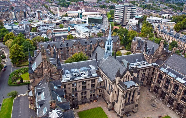 Дома, Великобритания, архитектура, вид сверху, улицы, Glasgow University