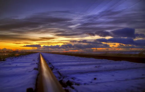 Картинка пейзаж, закат, железная дорога