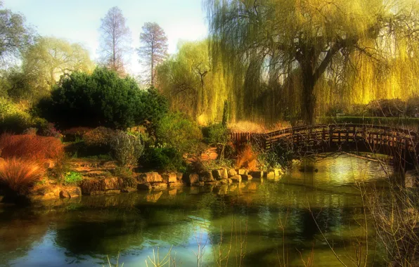 Картинка осень, небо, деревья, пейзаж, мост, пруд, парк, камни