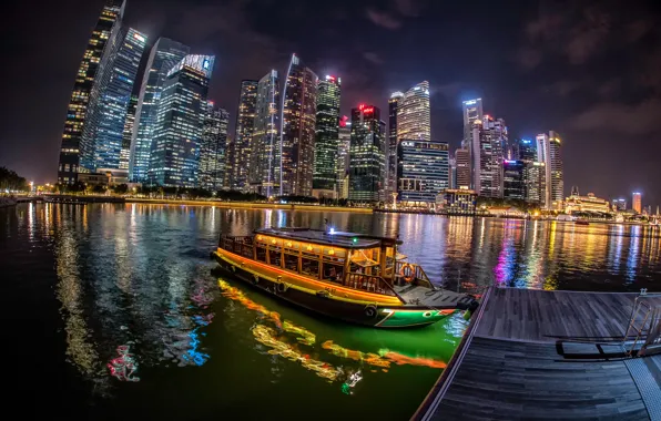 Река, лодка, здания, пристань, Сингапур, ночной город, небоскрёбы, Singapore