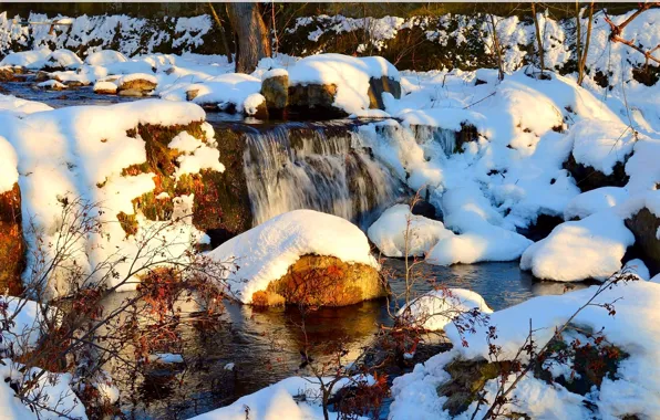 Зима, Водопад, Скалы, Снег, Камни, Winter, Snow, Waterfall