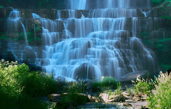 Свет, камни, скалы, берег, водопад, каскад, кусты