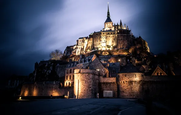 Ночь, замок, Франция, архитектура, Le Mont-St.-Michel, Basse-Normandie