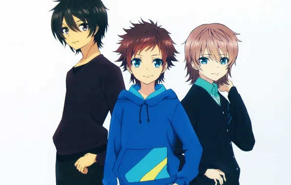 Белый фон, голубые глаза, друзья, трое, Nagi no Asukara, Tsumugu Kihara, Kaname Isaki, Hikari Sakishima