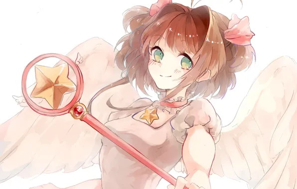 Улыбка, фон, крылья, ангел, девочка, Card Captor Sakura, Сакура - собирательница карт