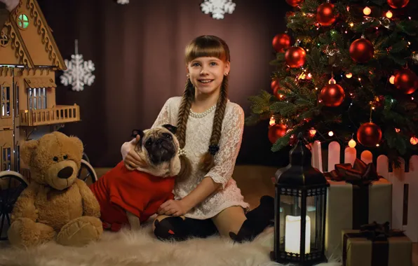 Картинка улыбка, настроение, собака, Рождество, девочка, фонарь, подарки, мопс