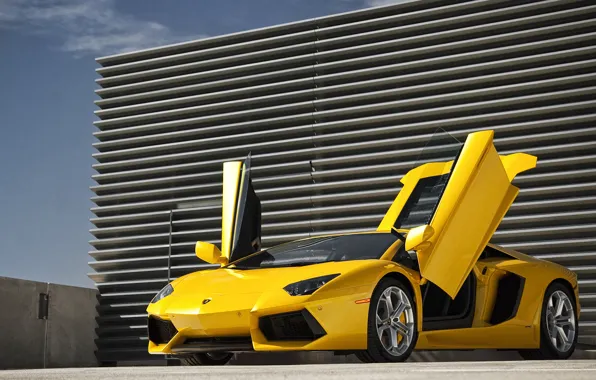 Картинка небо, желтый, Lamborghini, суперкар, supercar, sky, yellow, aventador
