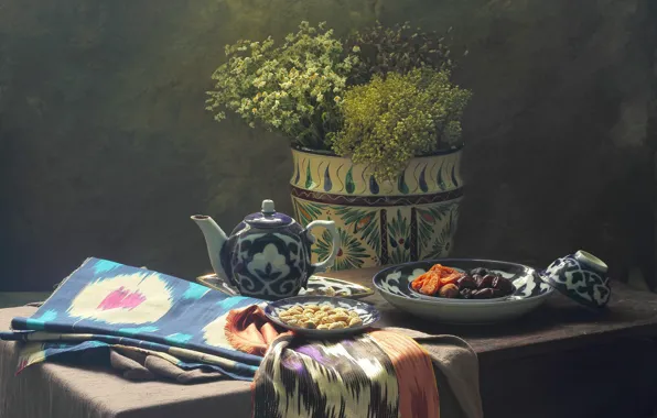 Цветы, букет, чайник, орехи, натюрморт, предметы, композиция, сухофрукты