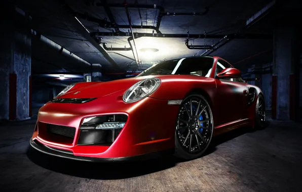 Красный, 911, Porsche, парковка, red, порше, front, Turbo