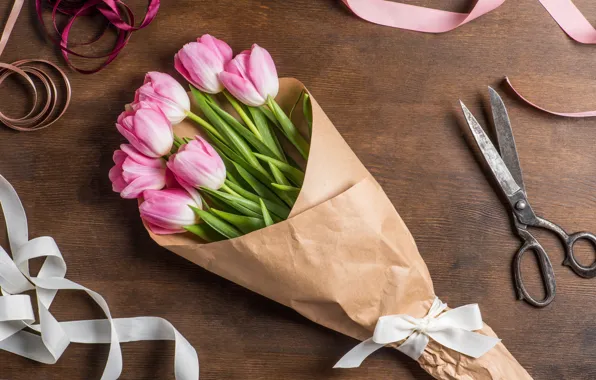 Цветы, букет, лента, тюльпаны, flowers, ножницы, tulips, bouquet