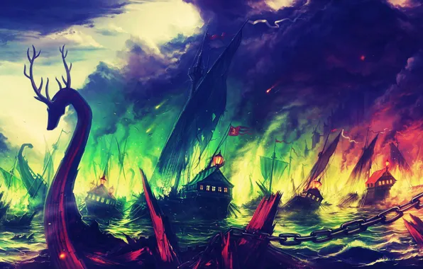 Обломки, пожар, пламя, корабли, Игра Престолов, тонущий корабль, морское сражение, Game of Trones