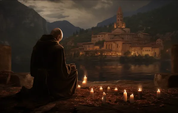 Lights, lake, candles, monk, monastery, prayer