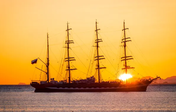 Море, закат, парусник, Крузенштерн
