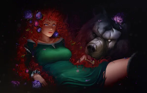 Картинка Девушка, Рисунок, Медведь, Disney, Арт, Рыжая, Храбрая сердцем, Brave, Merida, Мерида, Персонаж, Characters, FanArt, by …
