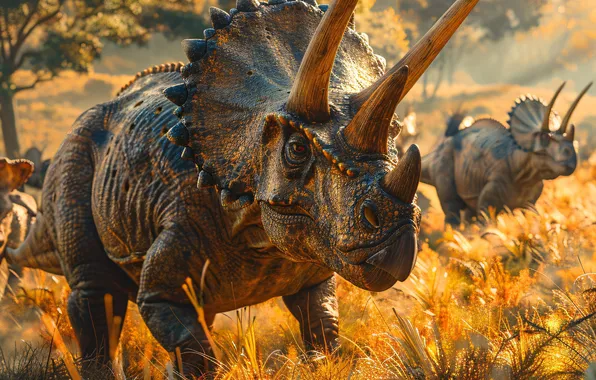Трава, Деревья, Рога, Triceratops, Животное, Цифровое искусство, Динозавры, Древние животные