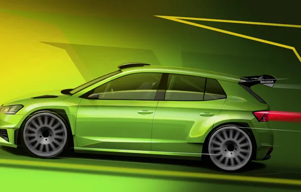 Зеленый, Сбоку, Skoda, Racing Car, Гоночный автомобиль, Skoda Fabia RS Rally2