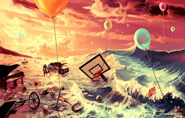 Картинка море, машина, воздушные шары, фантазия, мячи, арт, воздушный змей, колеса