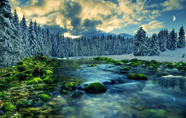 Картинка зима, лес, небо, снег, река, камни
