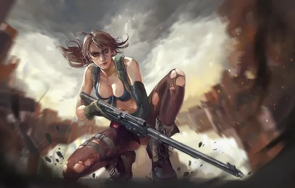 Картинка грудь, девушка, ружье, art, sniper, Metal Gear Solid, konami, quiet