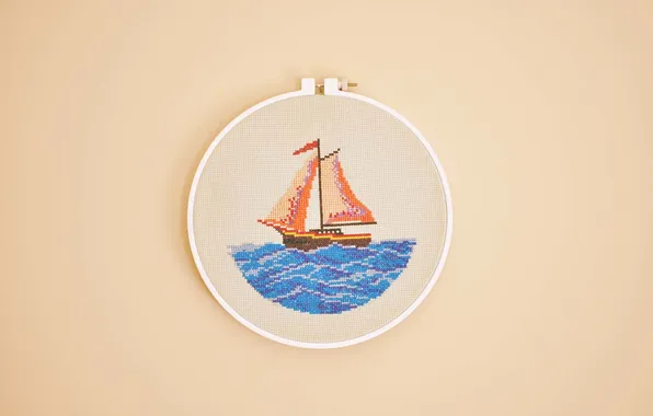 Море, вода, корабль, нитки, вышивка, канва