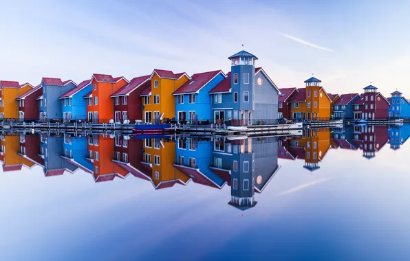 Картинка небо, вода, город, отражение, Нидерланды, Гронинген