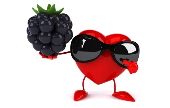 Сердце, heart, ежевика, funny, rendering, sunglasses, 3D Art