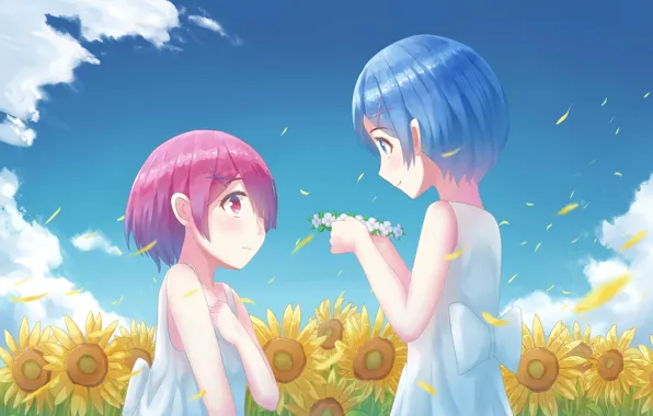 Подсолнухи, anime, сёстры, ram, rem, re zero kara hajimeru isekai seikatsu