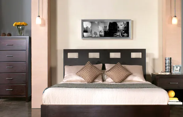Картинка кровать, картина, подушки, спальня, комод